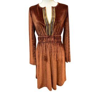 Luukse Velvet Long Sleeve Dress With Embroidered Detail & Tassels Brown Small